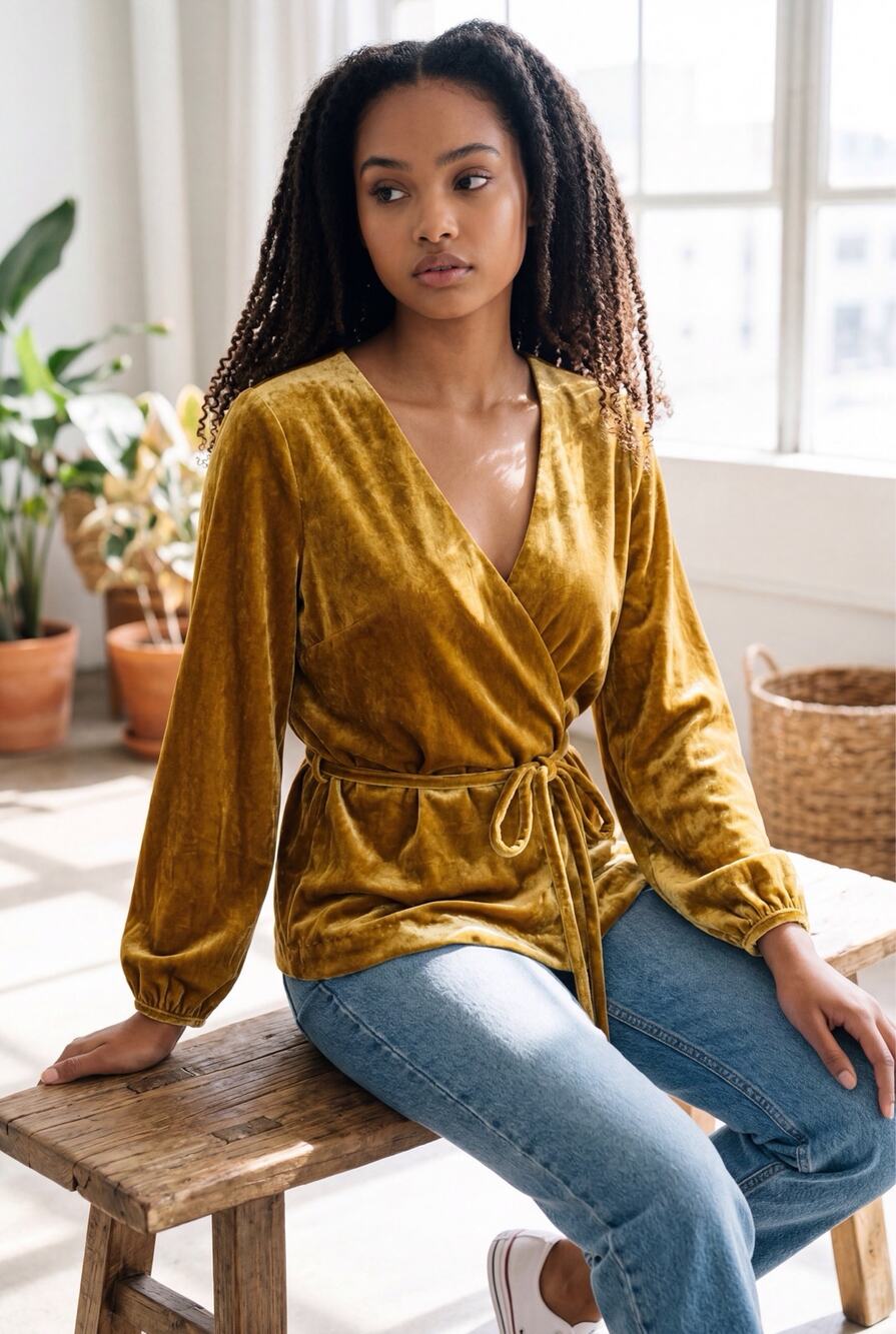 NWT J Crew Velvet Chartreuse Gold Belted Top V Neck Long Sleeve Side Zip